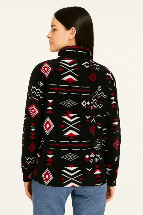 Kadın Yarım Fermuarlı Desenli Polar Sweat Tribal Etnik Desen Yakalı, Uzun Kollu, Oversize Rahat Kalıp - Siyah