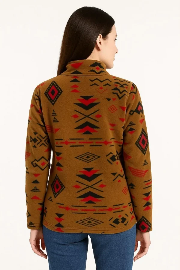 Kadın Yarım Fermuarlı Desenli Polar Sweat Tribal Etnik Desen Yakalı, Uzun Kollu, Oversize Rahat Kalıp - Kahverengi