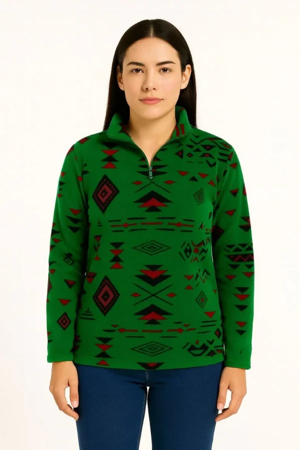 Kadın Yarım Fermuarlı Desenli Polar Sweat Tribal Etnik Desen Yakalı, Uzun Kollu, Oversize Rahat Kalıp - Yeşil