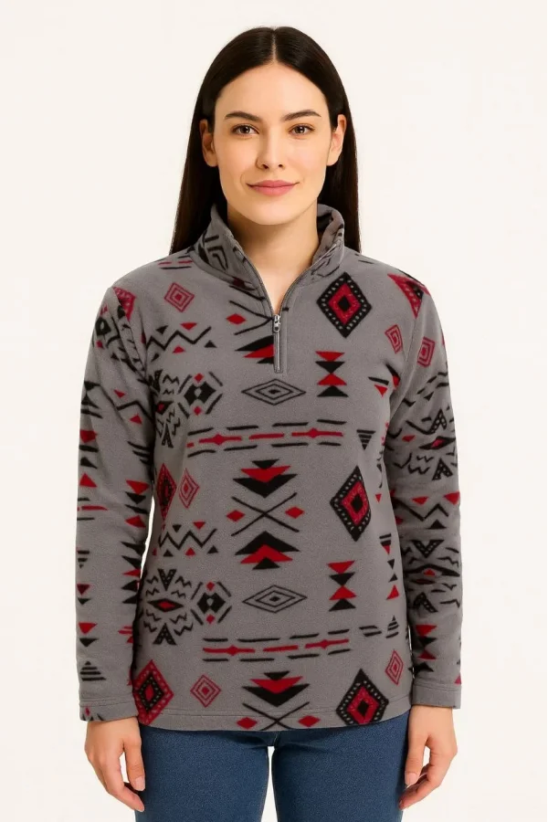 Kadın Yarım Fermuarlı Desenli Polar Sweat Tribal Etnik Desen Yakalı, Uzun Kollu, Oversize Rahat Kalıp - Füme