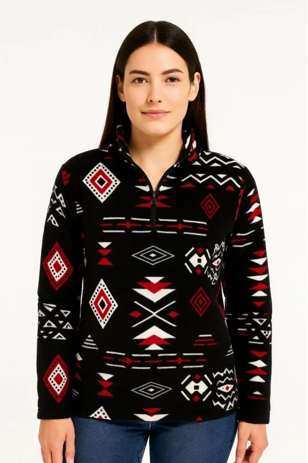 Kadın Yarım Fermuarlı Desenli Polar Sweat Tribal Etnik Desen Yakalı, Uzun Kollu, Oversize Rahat Kalıp - Siyah