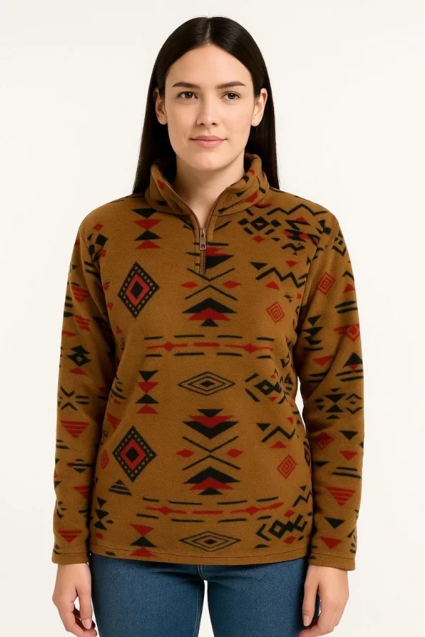 Kadın Yarım Fermuarlı Desenli Polar Sweat Tribal Etnik Desen Yakalı, Uzun Kollu, Oversize Rahat Kalıp - Kahverengi