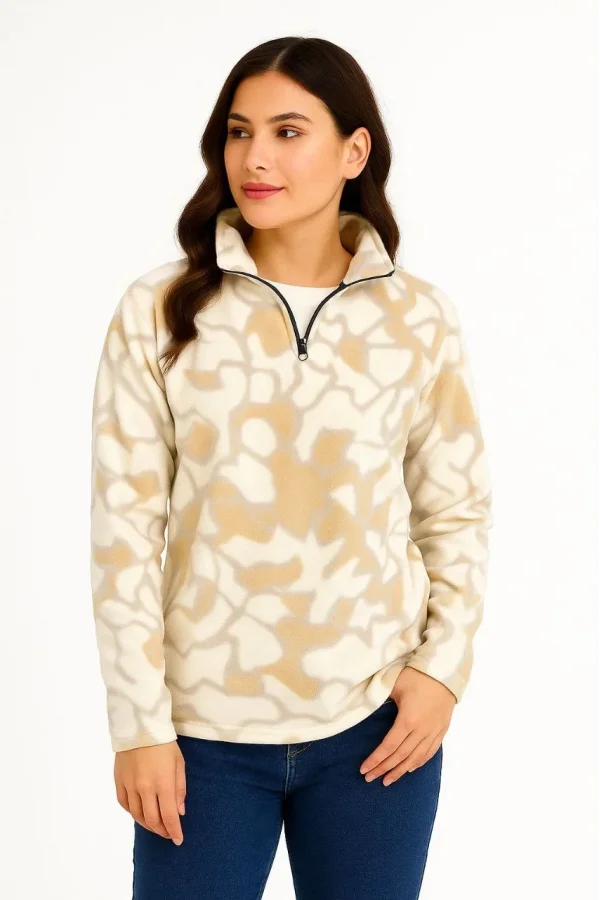 KADIN Yarım Fermuarlı Desenli Polar Sweat Yakalı, Uzun Kollu, Oversize Rahat Kalıp - Bej