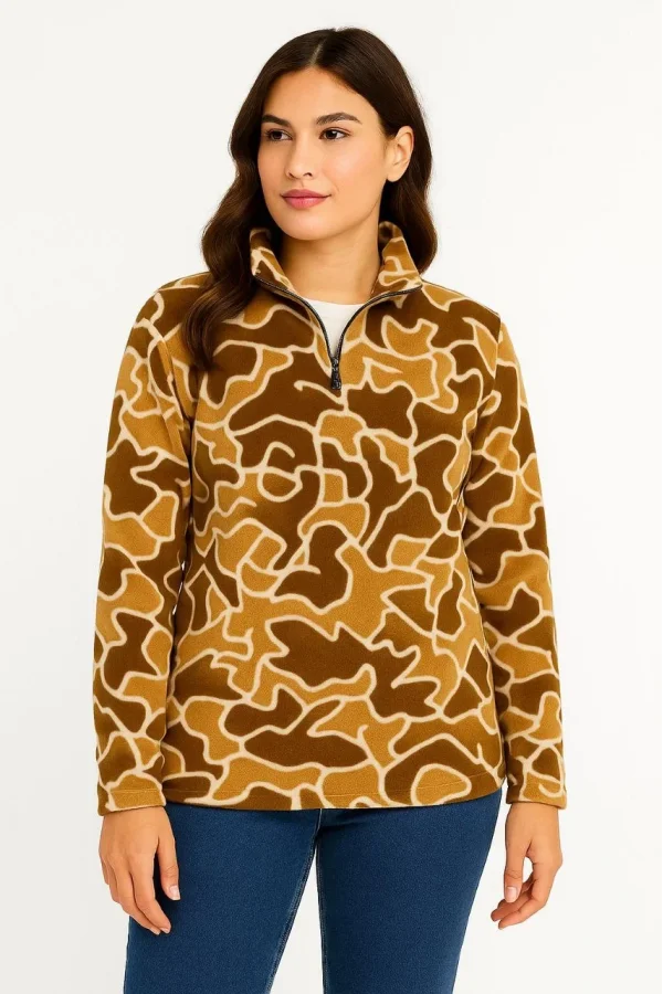 KADIN Yarım Fermuarlı Desenli Polar Sweat Yakalı, Uzun Kollu, Oversize Rahat Kalıp - Kahverengi