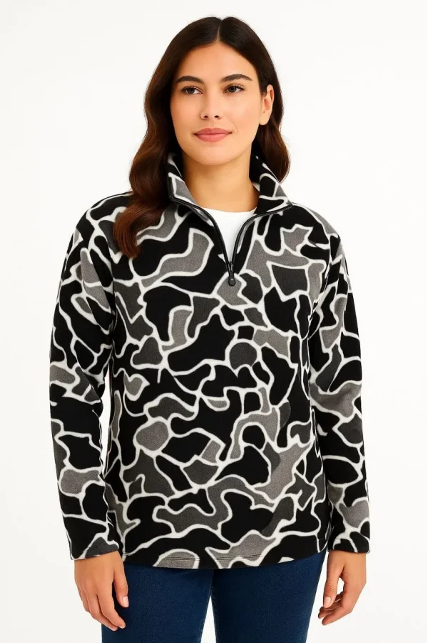 KADIN Yarım Fermuarlı Desenli Polar Sweat Yakalı, Uzun Kollu, Oversize Rahat Kalıp - Siyah