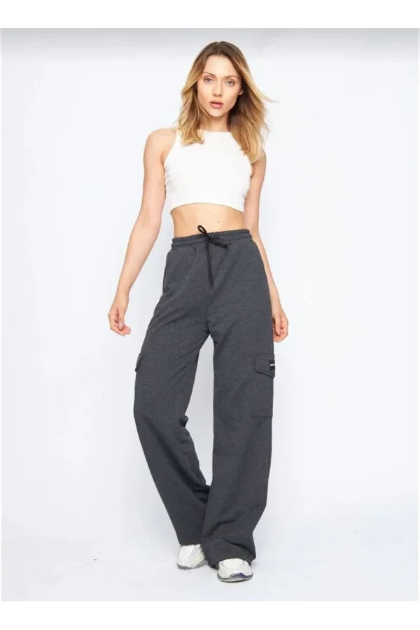 Kadın Yüksek Bel Kargo Cepli Palazzo Pantolon Oversize Bol Paça İki İplik Rahat Kesim - Antrasit