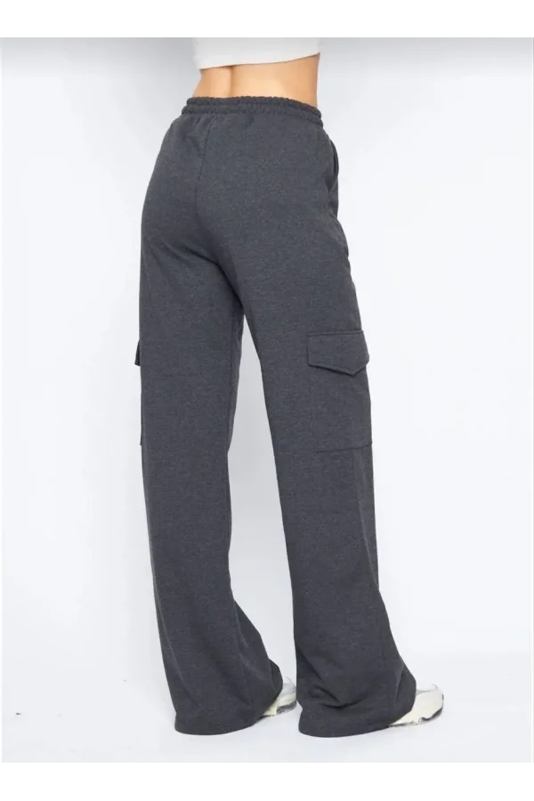 Kadın Yüksek Bel Kargo Cepli Palazzo Pantolon Oversize Bol Paça İki İplik Rahat Kesim - Antrasit