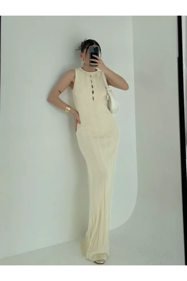 Kalın Fitilli Uzun Triko Elbise - Kırık Beyaz