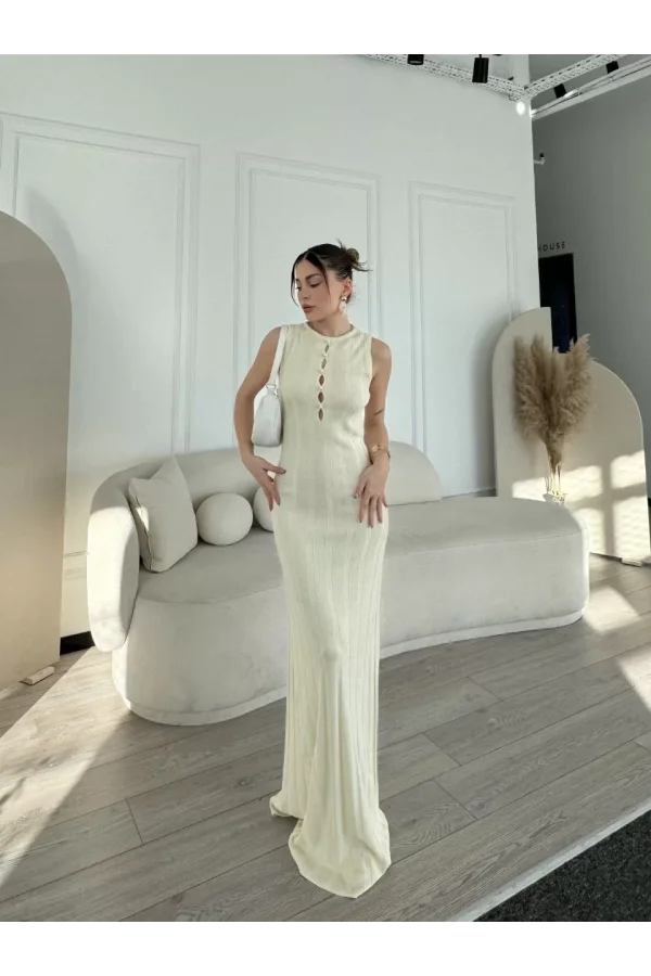 Kalın Fitilli Uzun Triko Elbise - Kırık Beyaz