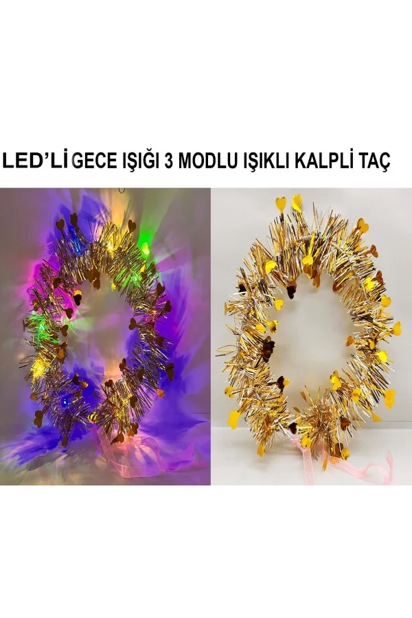 Kalp Püsküllü 3 Modlu LED Işıklı Taç Altın Renk