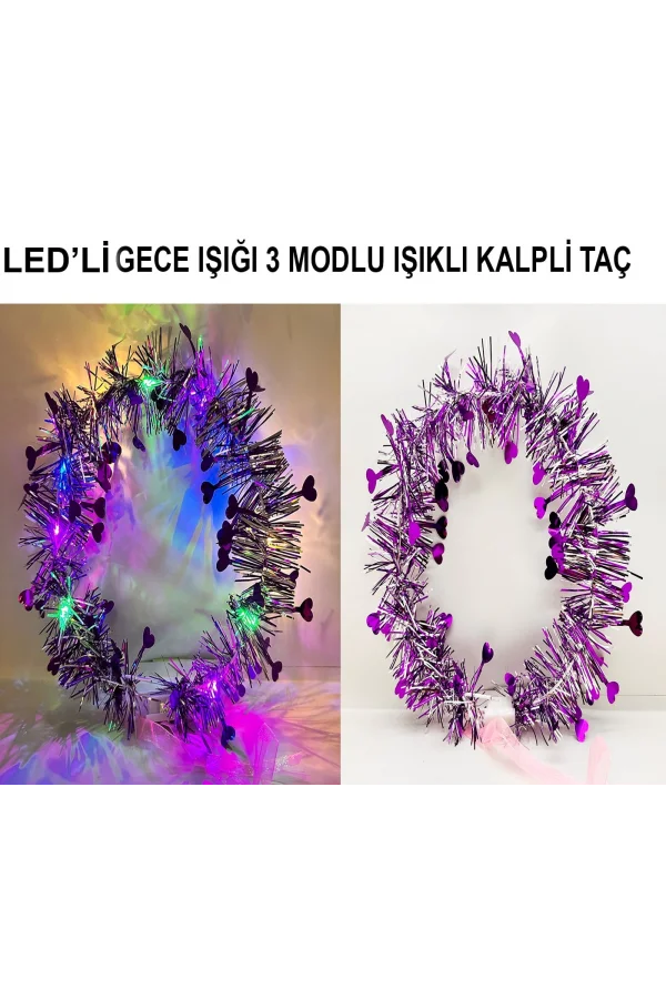 Kalp Püsküllü 3 Modlu LED Işıklı Taç Mor Renk