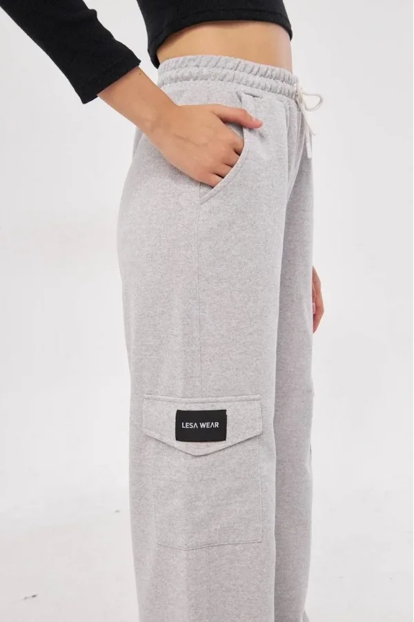 Kargo Cepli Palazzo Oversize Kesim İki iplik Bol Paça Eşofman Altı Pantalon - Gri