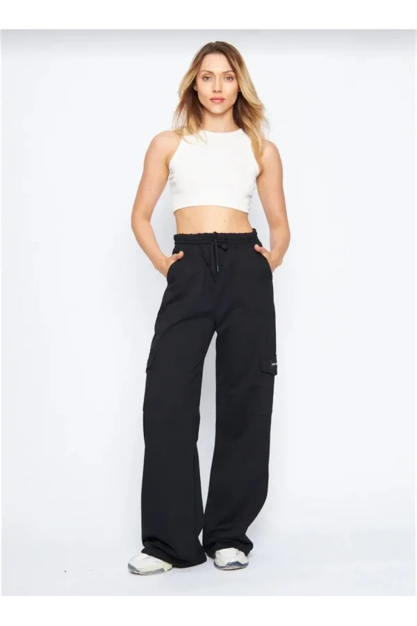 Kargo Cepli Palazzo Oversize Kesim İki iplik Bol Paça Eşofman Altı Pantalon - Siyah