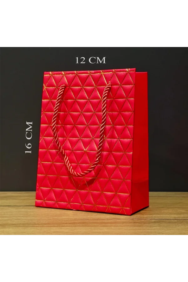 Kırmızı Geometrik Desenli Mini Boy Karton Hediye Çantası