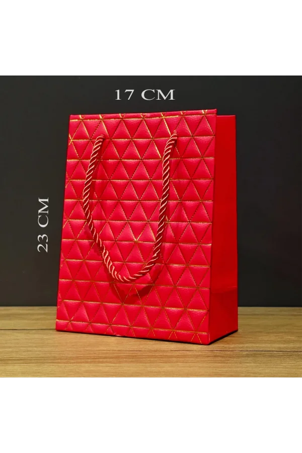 Kırmızı Geometrik Desenli Orta Boy Karton Hediye Çantası
