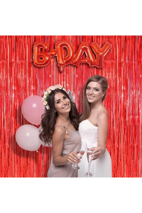 Ekstra Metalize Parlak Saçaklı Arka Fon Perde Kırmızı