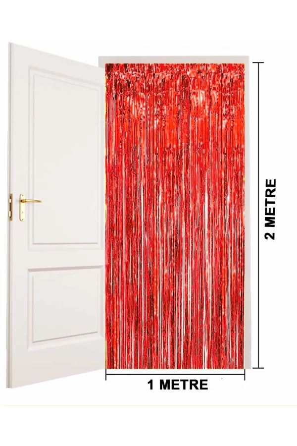 Ekstra Metalize Parlak Saçaklı Arka Fon Perde Kırmızı