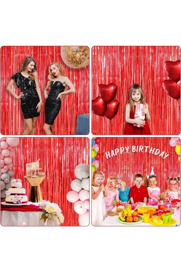 Ekstra Metalize Parlak Saçaklı Arka Fon Perde Kırmızı