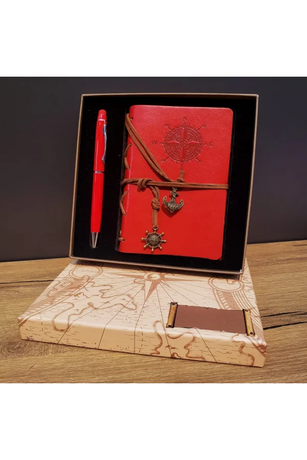 Kırmızı Pusula Tasarım Deri Defter Ve Touchpen Kalem Seti