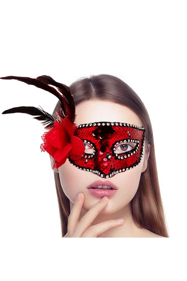Kırmızı Yandan Tüylü Güllü Taşlı Pullu Maske