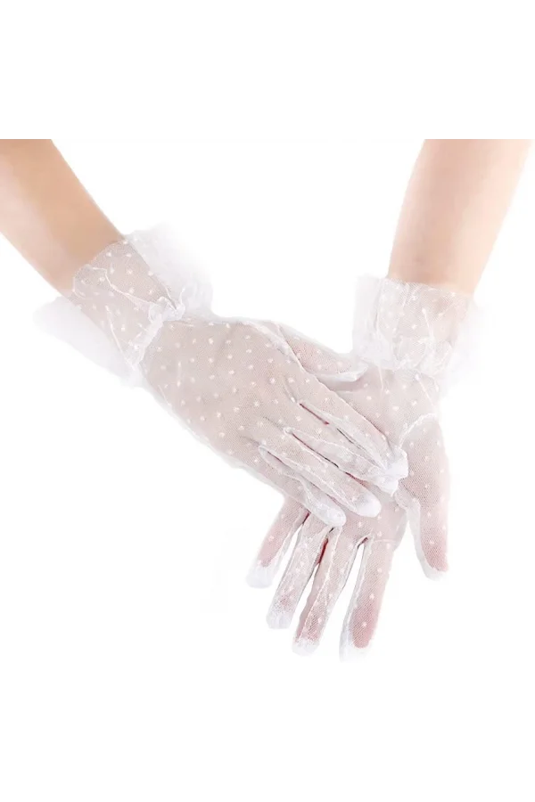 Kısa Boy Güpürlü Beyaz Puantiyeli Tül Eldiven