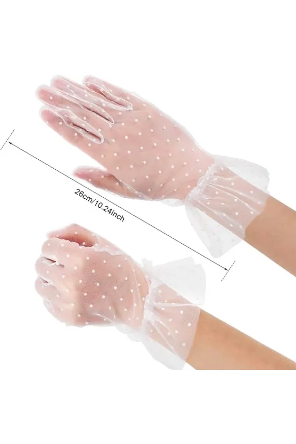 Kısa Boy Güpürlü Beyaz Puantiyeli Tül Eldiven