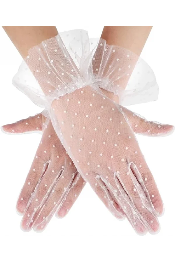 Kısa Boy Güpürlü Beyaz Puantiyeli Tül Eldiven