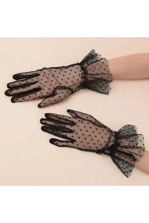 Kısa Güpürlü Siyah Puantiyeli Tül Eldiven