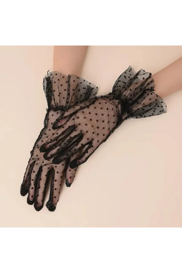 Kısa Güpürlü Siyah Puantiyeli Tül Eldiven
