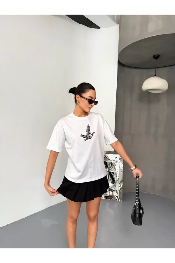 Kısa Kol Baskılı T-shirt - Beyaz