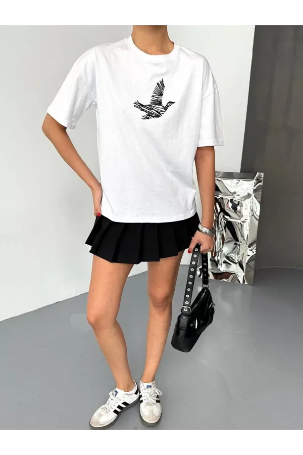 Kısa Kol Baskılı T-shirt - Beyaz