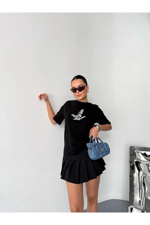 Kısa Kol Baskılı T-shirt - Siyah