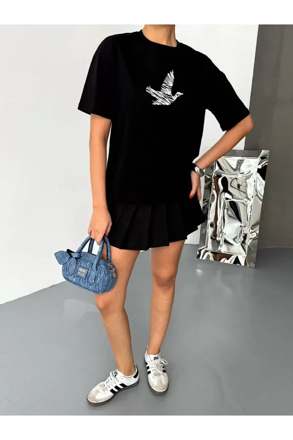 Kısa Kol Baskılı T-shirt - Siyah