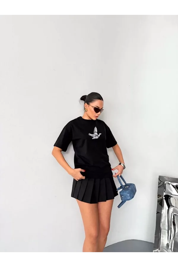 Kısa Kol Baskılı T-shirt - Siyah