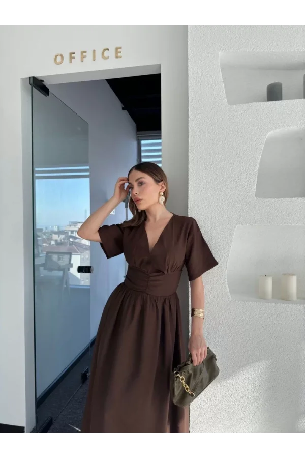 Kısa Kollu Uzun Elbise - Kahve
