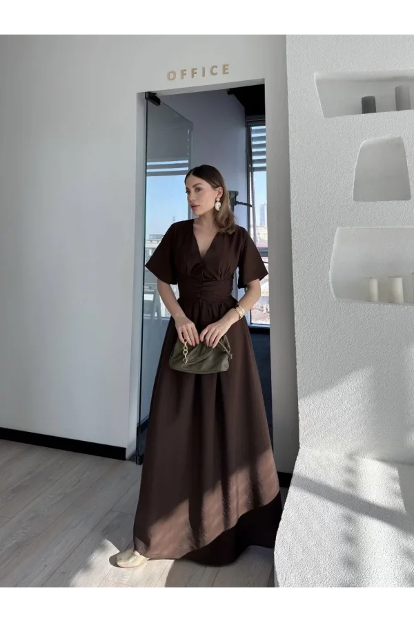 Kısa Kollu Uzun Elbise - Kahve