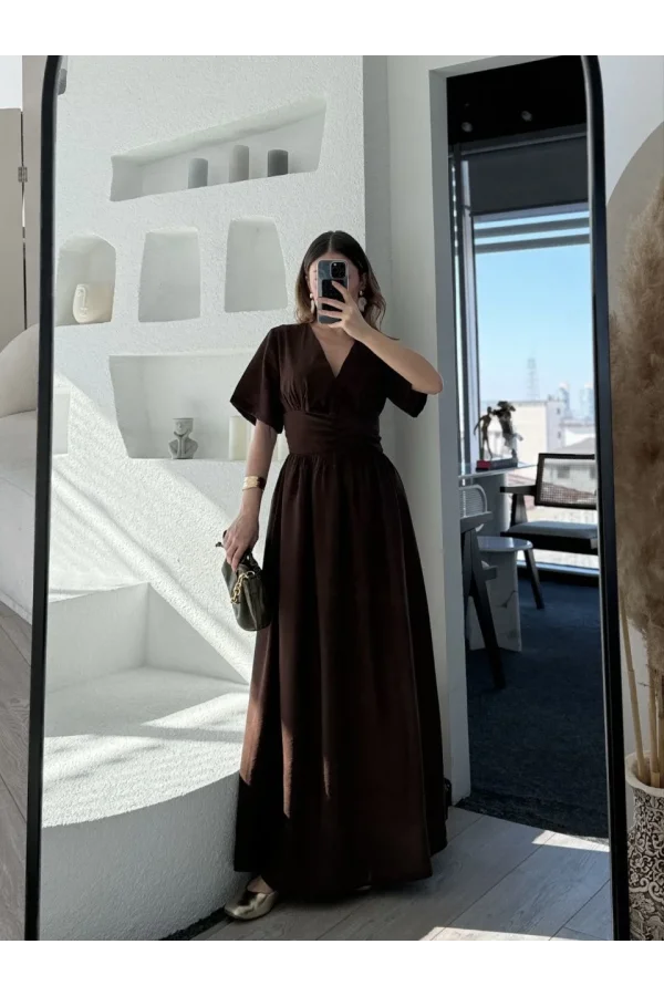 Kısa Kollu Uzun Elbise - Kahve