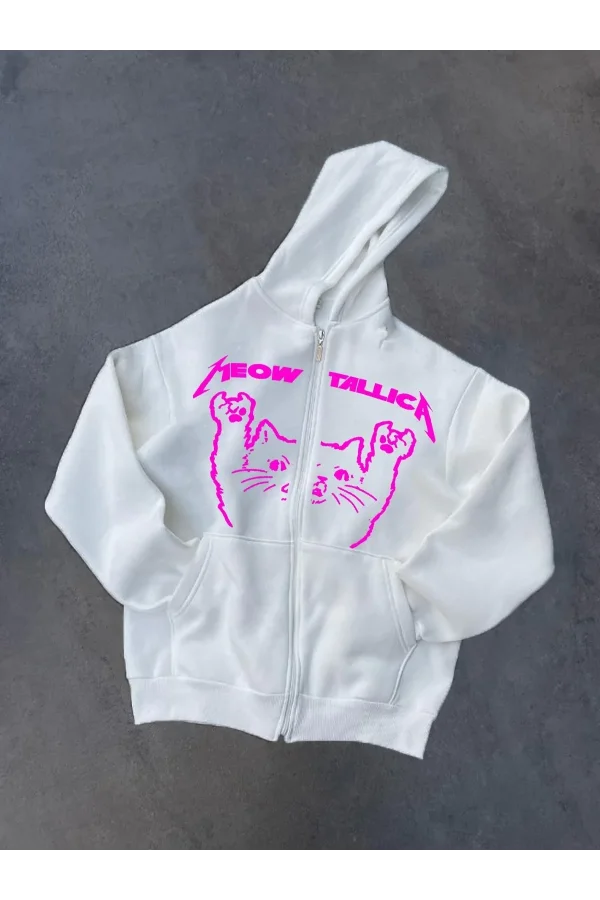 Kışlık Baskılı Fermuarlı Kapüşonlu Hırka - Beyaz