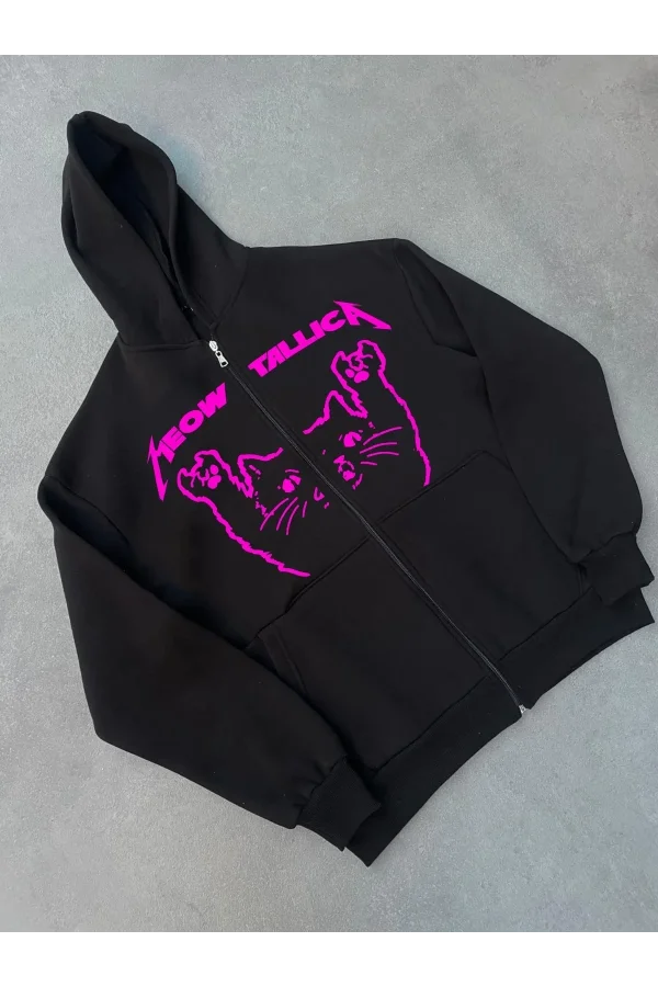 Kışlık Baskılı Fermuarlı Kapüşonlu Hırka - Siyah