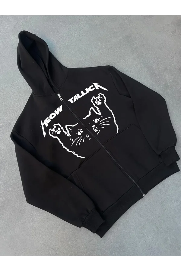 Kışlık Baskılı Fermuarlı Kapüşonlu Hırka - Siyah