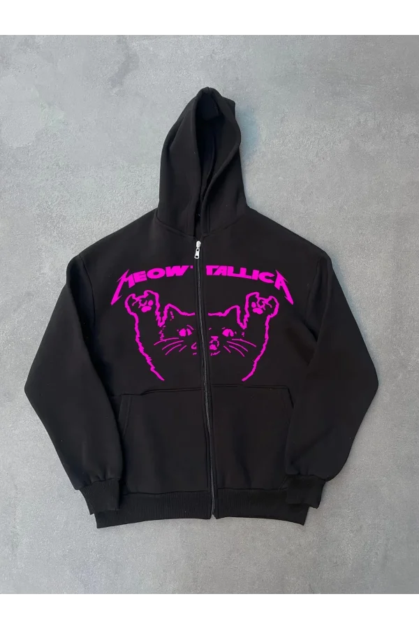 Kışlık Baskılı Fermuarlı Kapüşonlu Hırka - Siyah