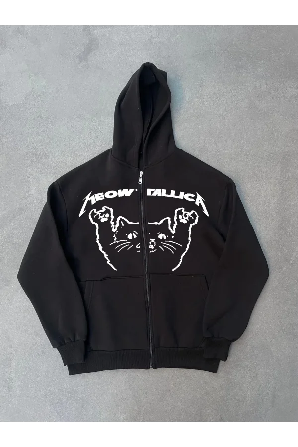 Kışlık Baskılı Fermuarlı Kapüşonlu Hırka - Siyah