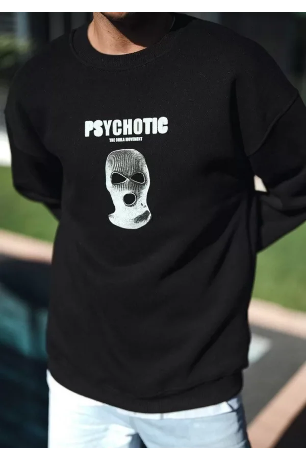 Kışlık Bisiklet Yaka Baskılı SweatShirt - Siyah