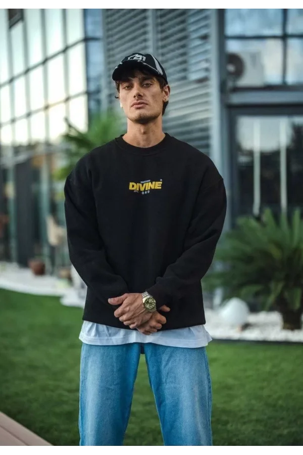 Kışlık Bisiklet Yaka Baskılı SweatShirt - Siyah