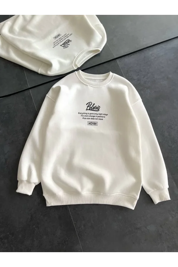Kışlık Bisiklet Yaka Ön Ve Arka Baskılı SweatShirt - Beyaz