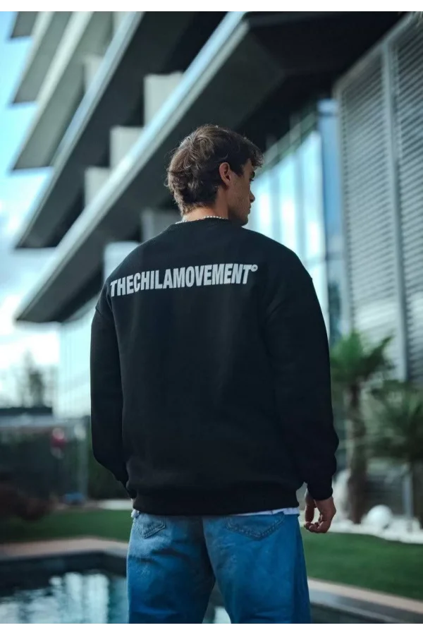 Kışlık Bisiklet Yaka Oversize Baskılı SweatShirt - Siyah