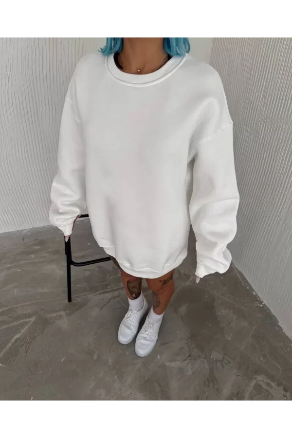Kışlık Bisiklet Yaka Üç İplik Basic SweatShirt - Beyaz
