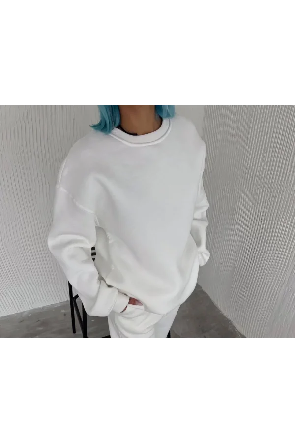Kışlık Bisiklet Yaka Üç İplik Basic SweatShirt - Beyaz