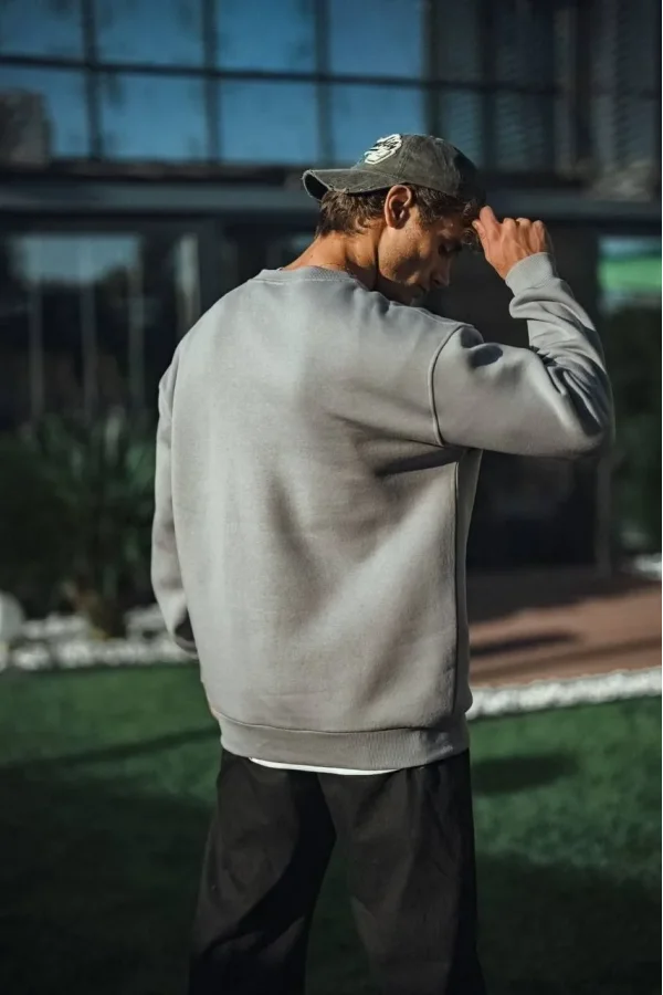 Kışlık Bisiklet Yaka Üç İplik Basic SweatShirt - Boyalı Gri