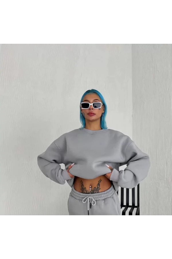 Kışlık Bisiklet Yaka Üç İplik Basic SweatShirt - Gri